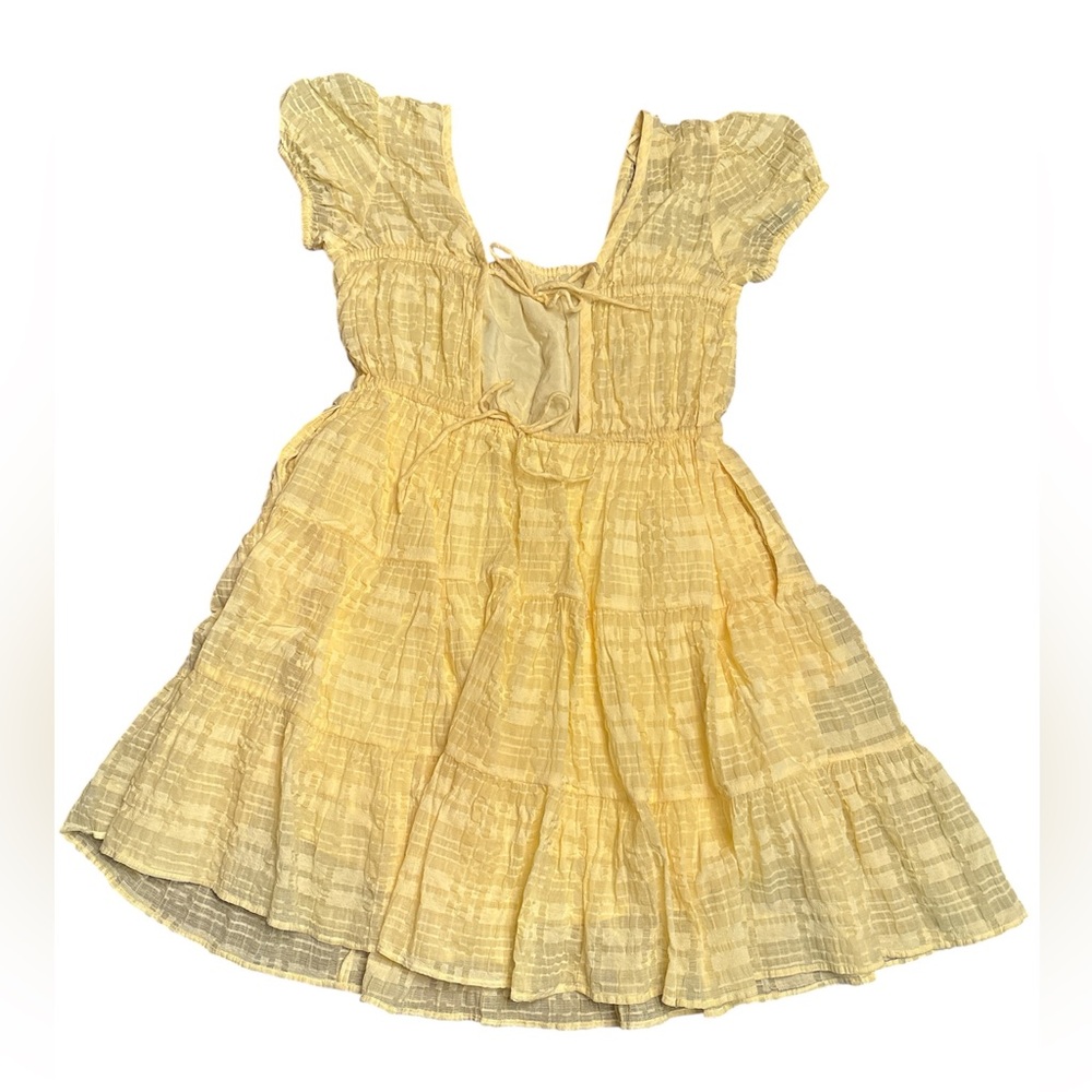& Other Stories Puff Sleeve Ruffle Mini Dress tie back bright yellow Size Small - Picture 4 of 7